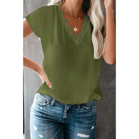 Azura Exchange  Green V Neck Lace Trim T-shirt - Picture 8 of 15
